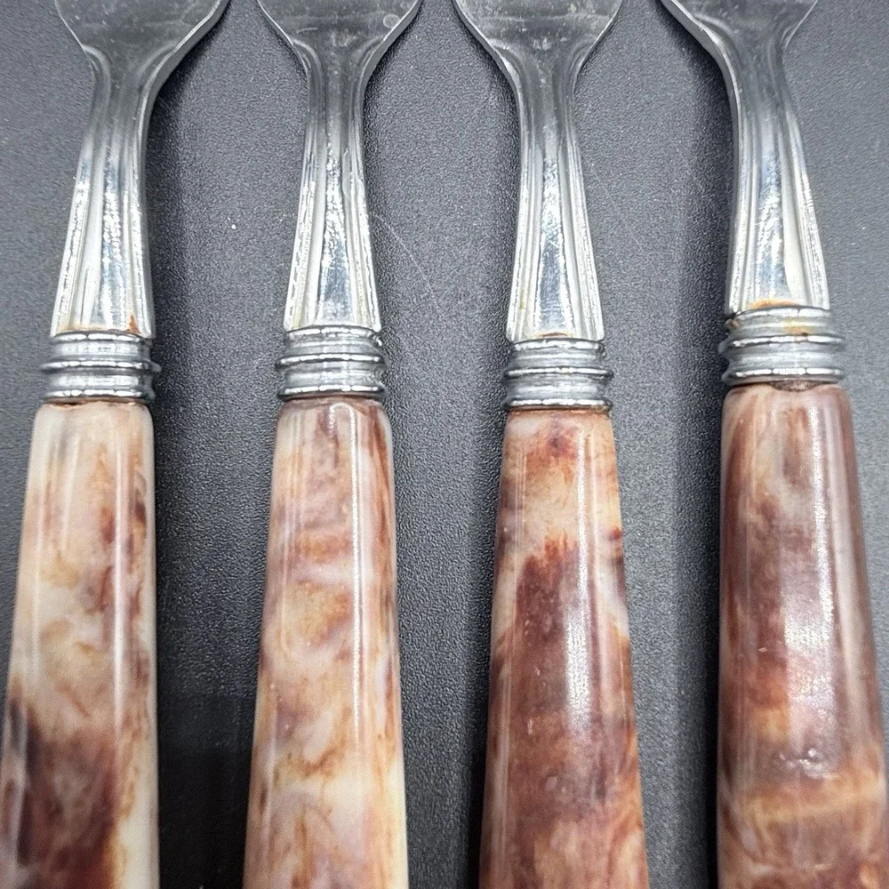 Vintage MB Hollow Ground Galaxie Stainless Forks Set 4 Japan MCM Bakelite Handle
